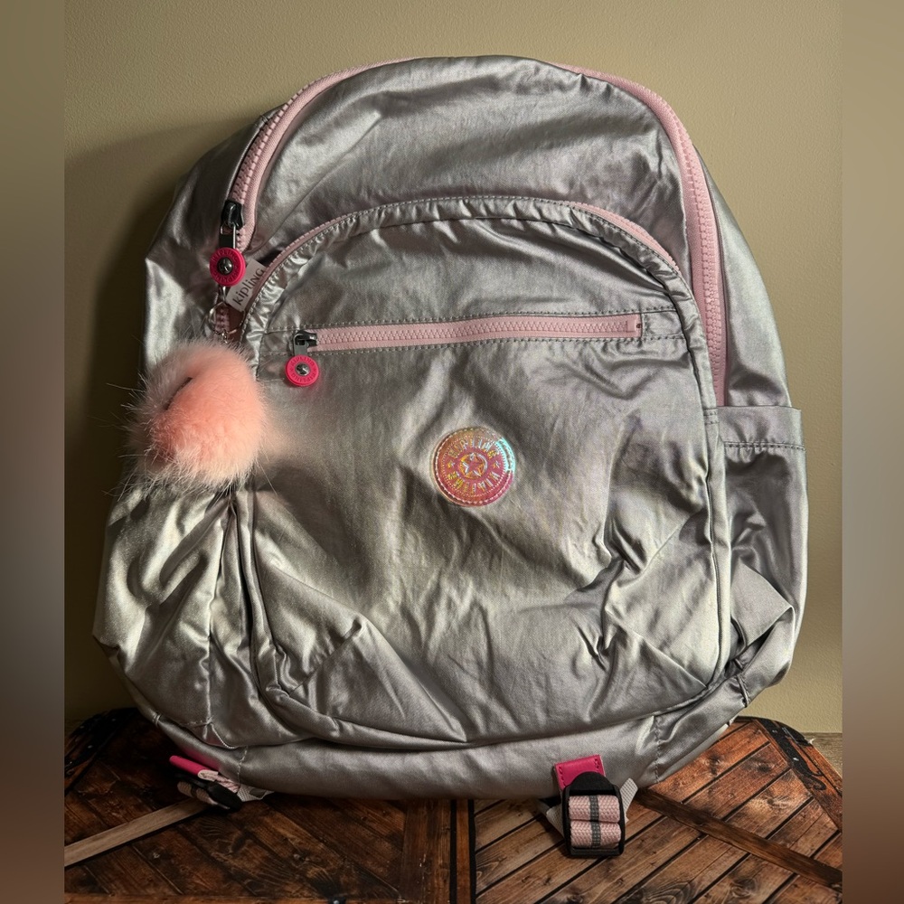 Silver and Pink Backpack with Pom-Pom and Logo